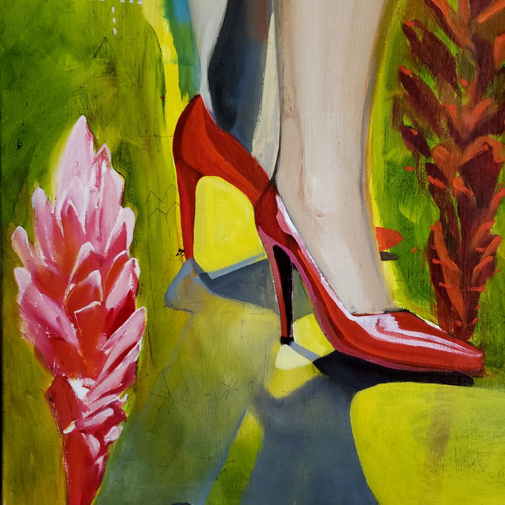 Painting depicting red ginger flowers and the feet of a person wearing red high heeled shoes.
