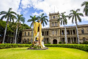 Photo of King Kamehameha statue in Honolulu in front of the Judiciary.