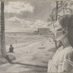 Pencil drawing of a beach scene. Person wearing a surgical mask in the foreground.