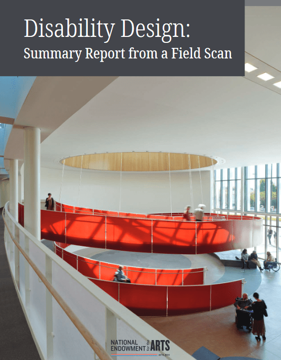 Cover of the Disability Design Report. Photograph of a spiral ramp walkway being used successfully by people walking and a person in a wheelchair.