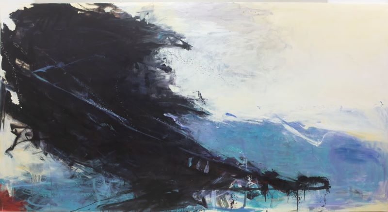 Abstract painting with scribbled, jagged shapes and lines in shades of black, blue, gray, white.