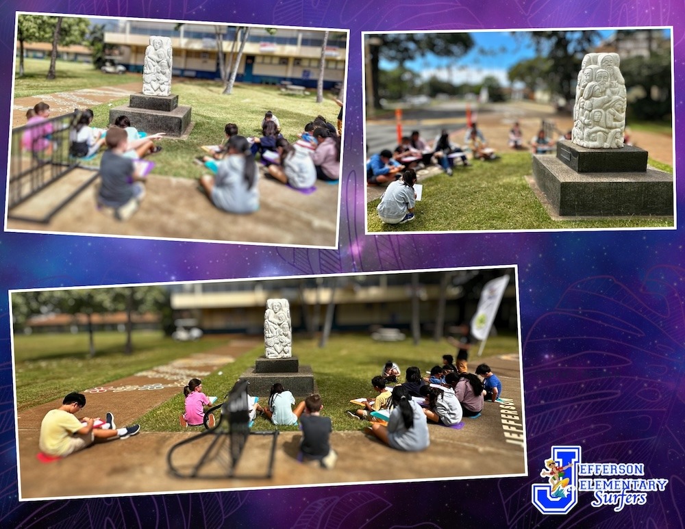 Photo collage of students studying a sculpture