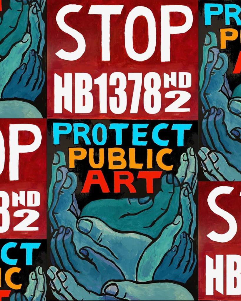 painting of hands holding sign reading stop hb1378hd2 protect public art