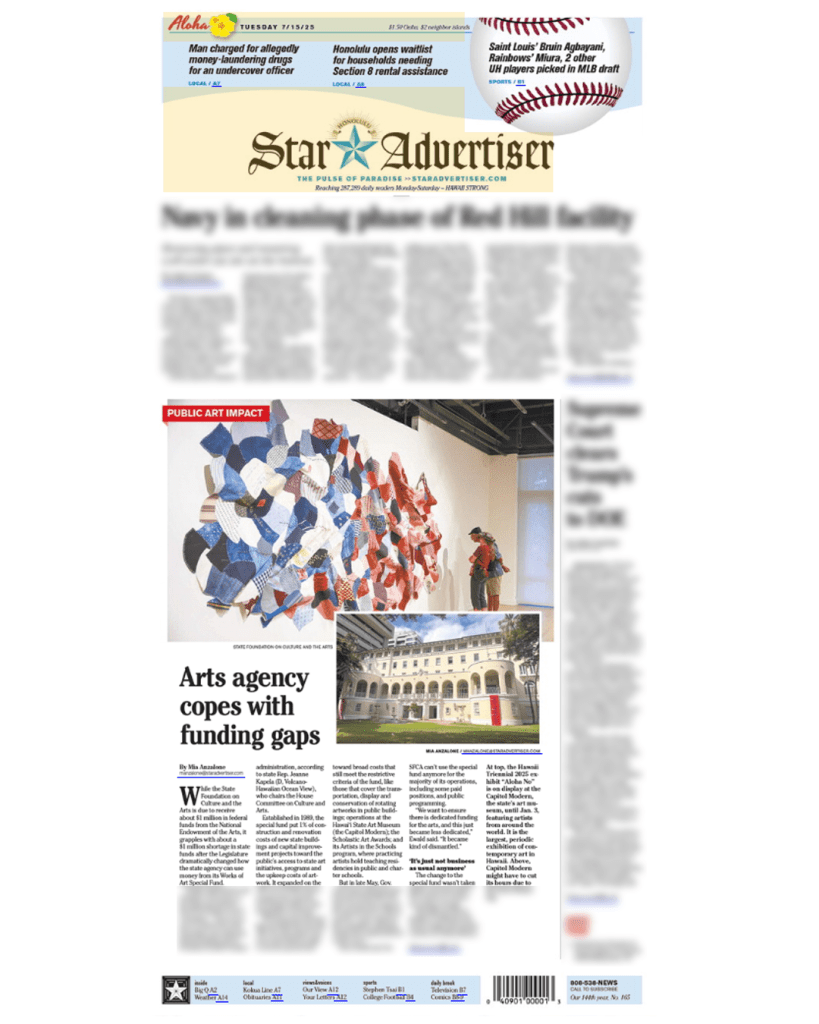 front page of newspaper with photo of people in a gallery and photo of No. 1 Capitol District building.