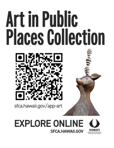 Graphic with photo of Mr. Chickenpants sculpture and QR code for Art in Public Places Collection online database.