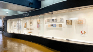 Glass display case with exhibit