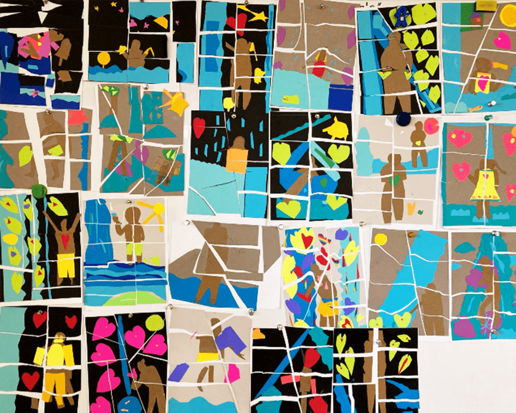 Several paper cutout artworks by students.