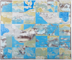 abstract painting in shades of blue, gray, gold.