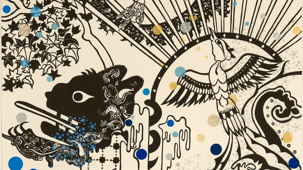 print depicting animals with bold, thick black lines.