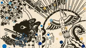 print depicting animals with bold, thick black lines.