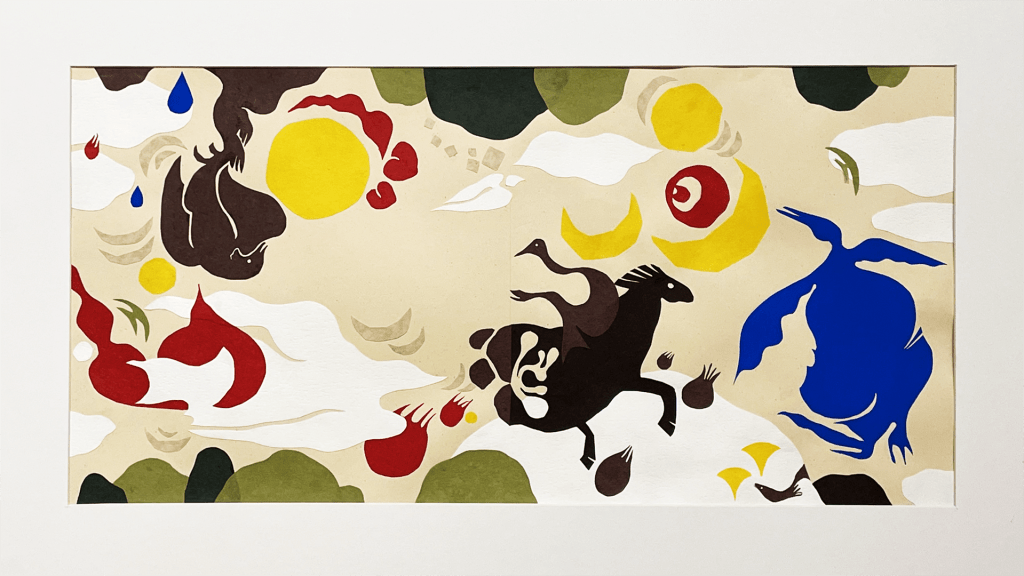 Artwork of paper cutouts depicting various figures in shades of yellow, brown, red, blue, and green.
