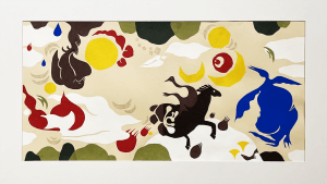 Artwork of paper cutouts depicting various figures in shades of yellow, brown, red, blue, and green.