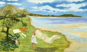 Painting of people making kapa fabric in a coastal landscape. "Me ke ao" by Nanea Lum, 2025.