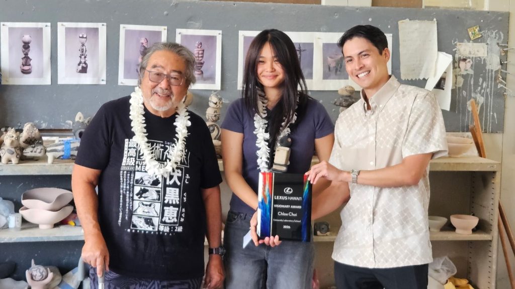 Takumi Visionary Scholarship being awarded to University Laboratory School student Chloe Choi. Left to right: teacher Douglas Doi, student Chloe Choi, Servco Lexus Hawaiʻi representative Ryan Trujillo.