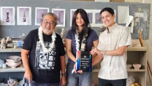 Takumi Visionary Scholarship being awarded to University Laboratory School student Chloe Choi. Left to right: teacher Douglas Doi, student Chloe Choi, Servco Lexus Hawaiʻi representative Ryan Trujillo.